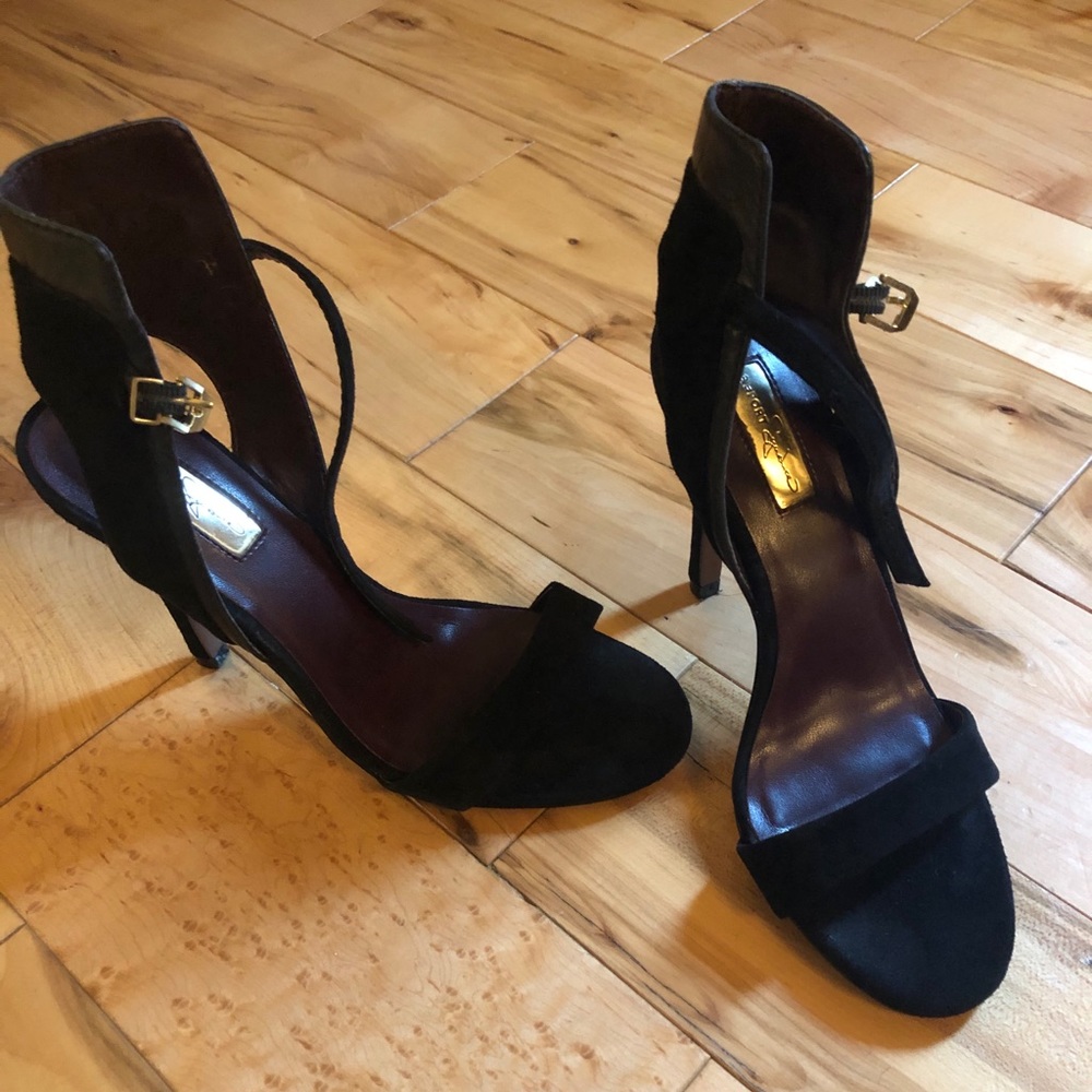 Black strappy leather and suede heels